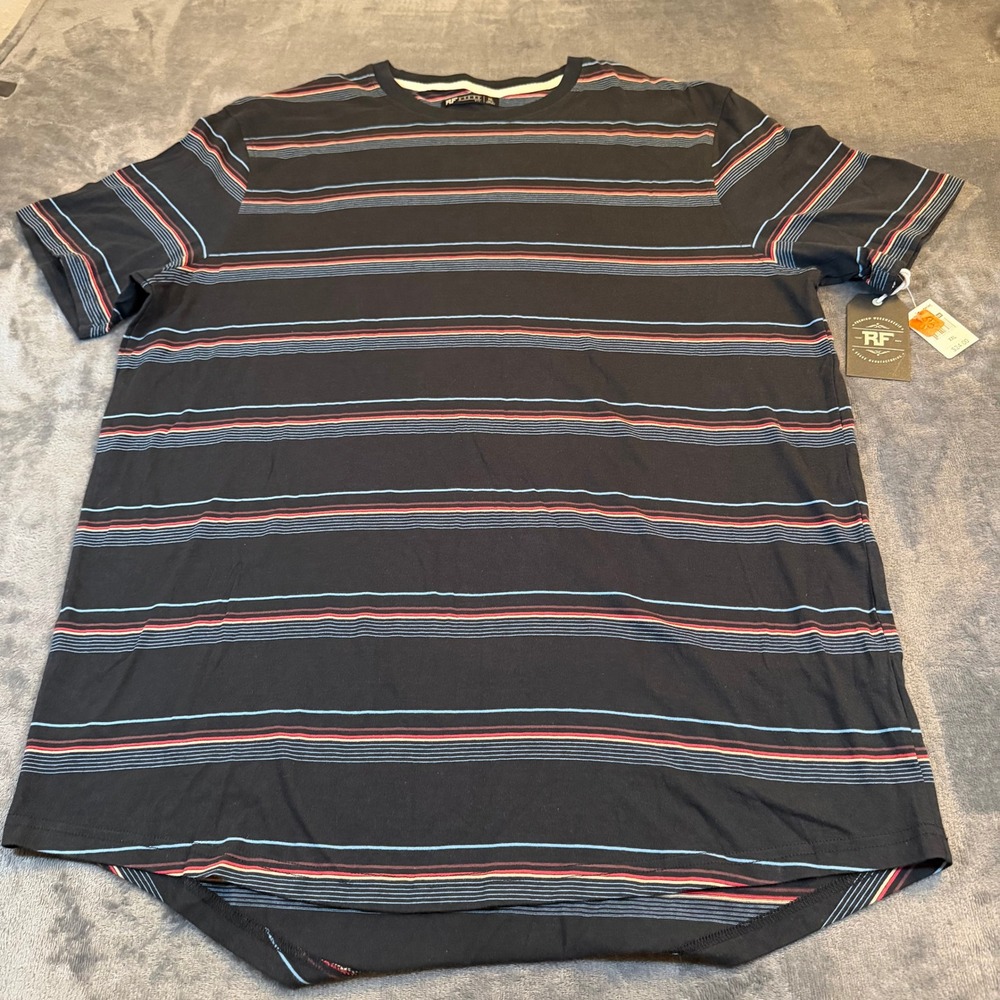 RF Brand Mens XXL Black Striped Short Sleeve Cotton T-Shirt Curved Hem NEW